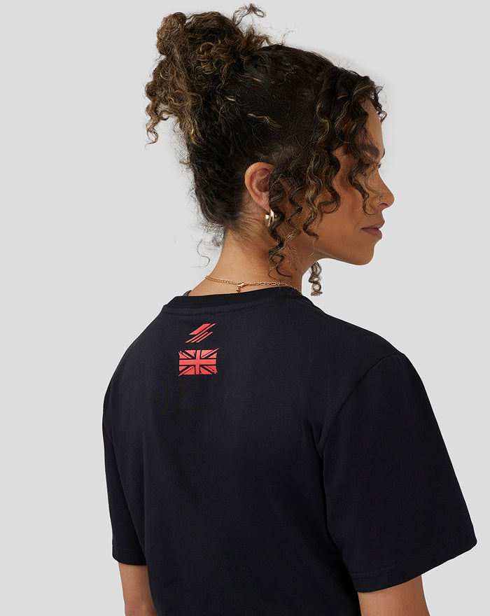 Back view of a model wearing a black Silverstone Legend T-Shirt with a small pink Union Jack graphic on the upper back.