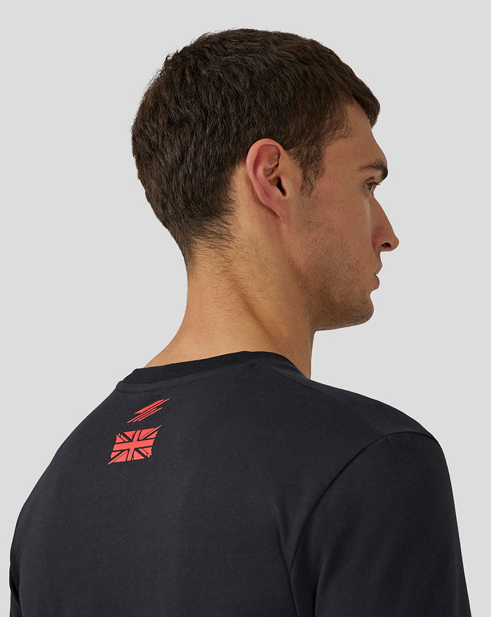 Back view close up of a black anthracite Silverstone Legend T-Shirt showing a red logo near the neck.