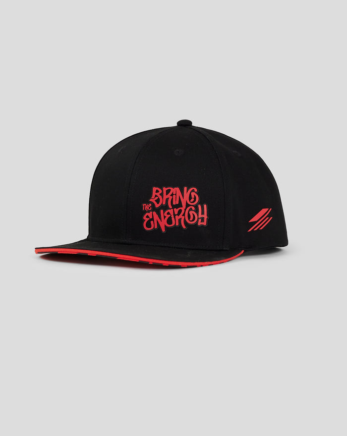Back view of black cap with red Bring The Energy graphic on the side and red accents on the brim edge
