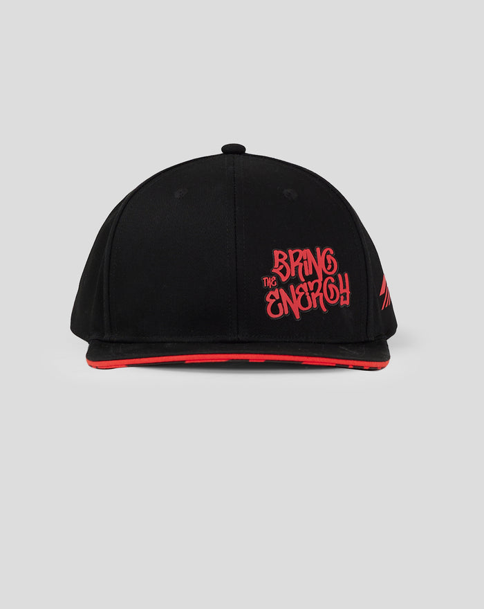 Front view of black cap featuring a red Bring The Energy graphic on the front panel and red trim along the brim