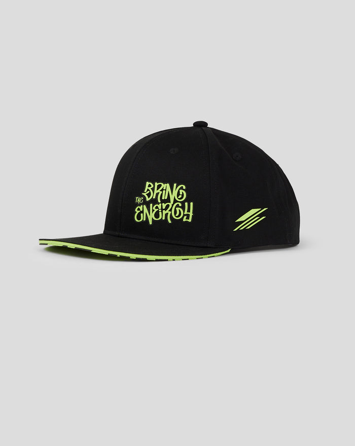 Black Bring The Energy cap with neon lime graphics on the front and lime detailing on the brim.