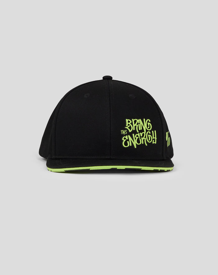 Close up of black cap with neon lime Bring The Energy logo on the front and a neon green underside on the brim.