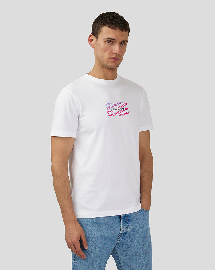 Side view of a man wearing a white unisex Festival graphic T shirt with a small purple text square on the chest.