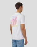 Back view of white unisex Silverstone x Castore Festival Graphic T-Shirt with a rainbow gradient text graphic running down the back