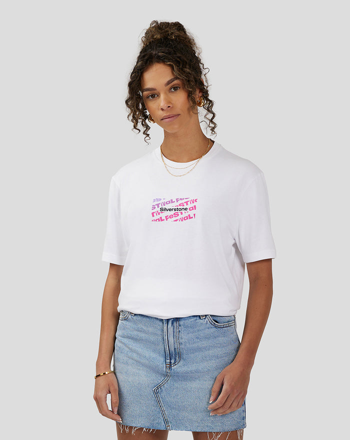Front view of white unisex Silverstone x Castore Festival Graphic T-Shirt with pink and purple graphic text on the chest