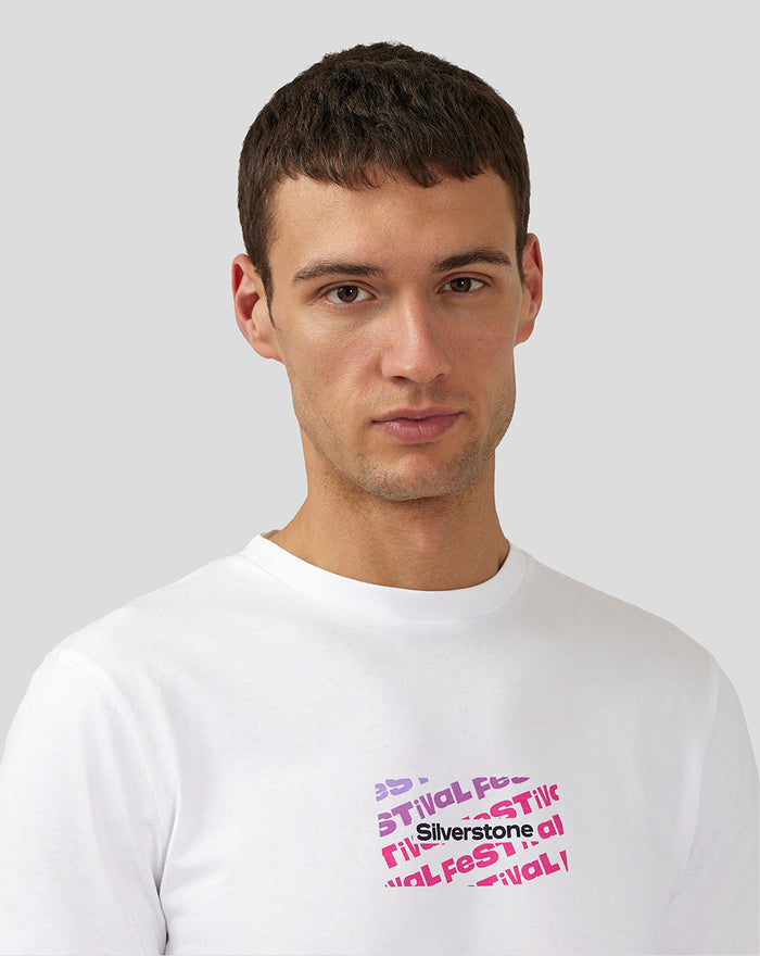 Front close up of white Festival graphic T shirt showing a purple pink text square on the chest.