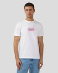 Male model in Bright White Festival Graphic T Shirt with pink purple graphic on the chest