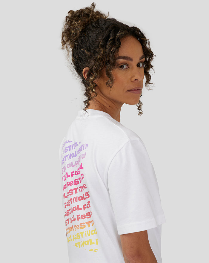Back view of unisex white Silverstone x Castore Festival Graphic T-Shirt with a large multicolor stacked text graphic on the back