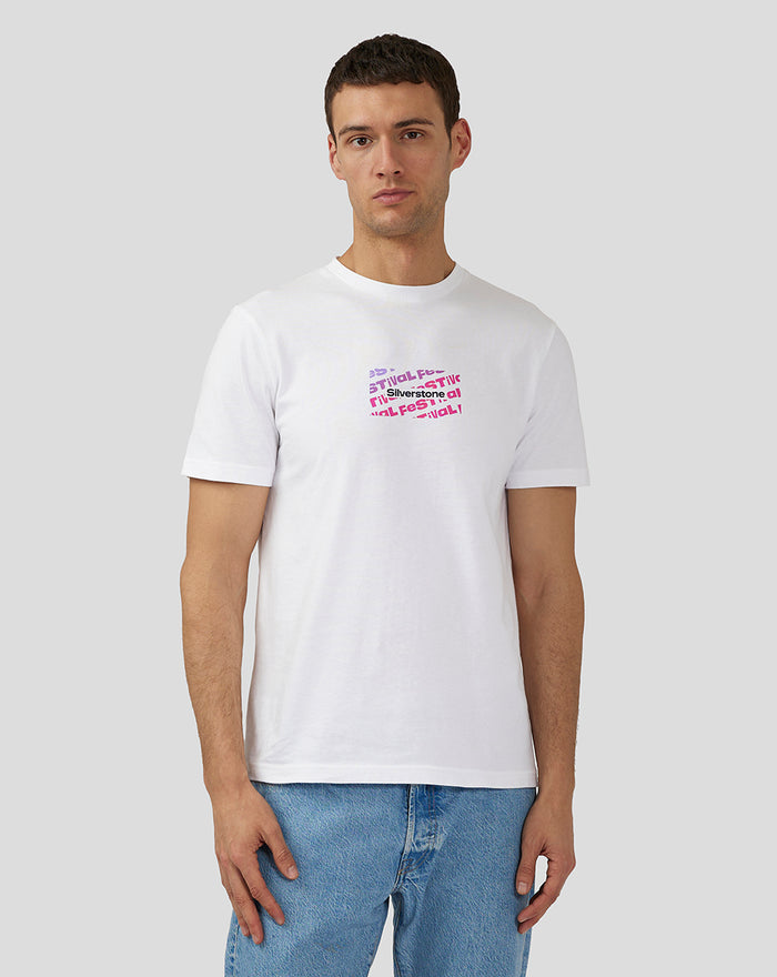 Male model in Bright White Festival Graphic T Shirt with pink purple graphic on the chest
