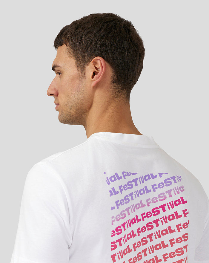 Back view of a white unisex Festival graphic T shirt with a purple stacked text block on the back.