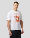 White oversized unisex T shirt with an orange grid portrait of Max Verstappen on the front.