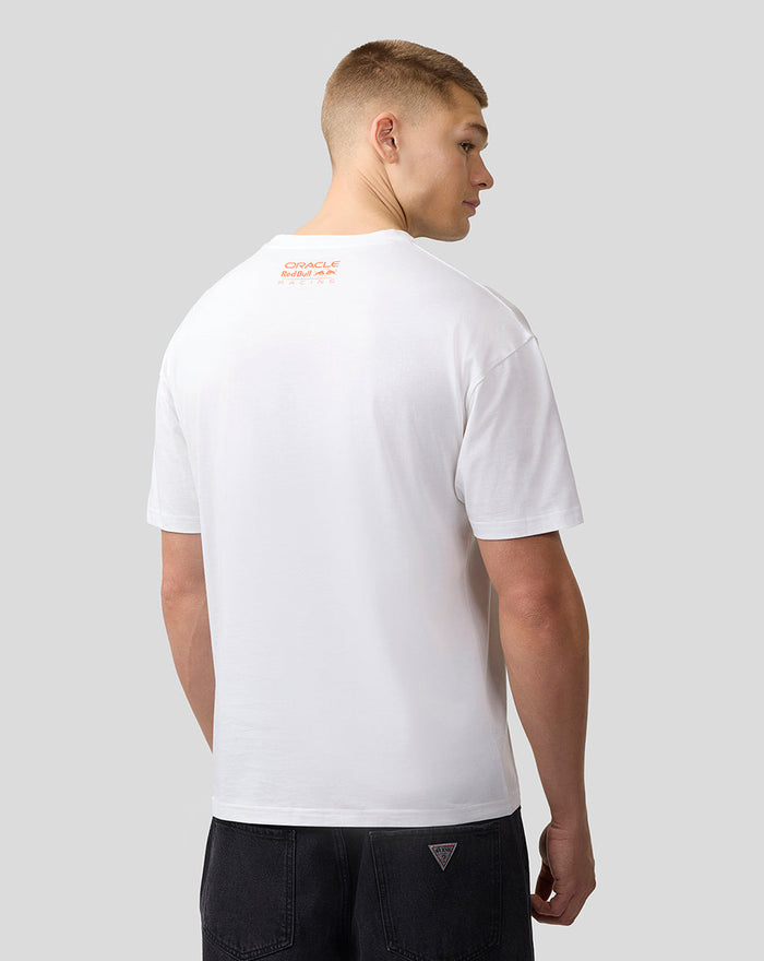 Back view of a white T shirt with a small orange Oracle Red Bull Racing logo at the neckline.