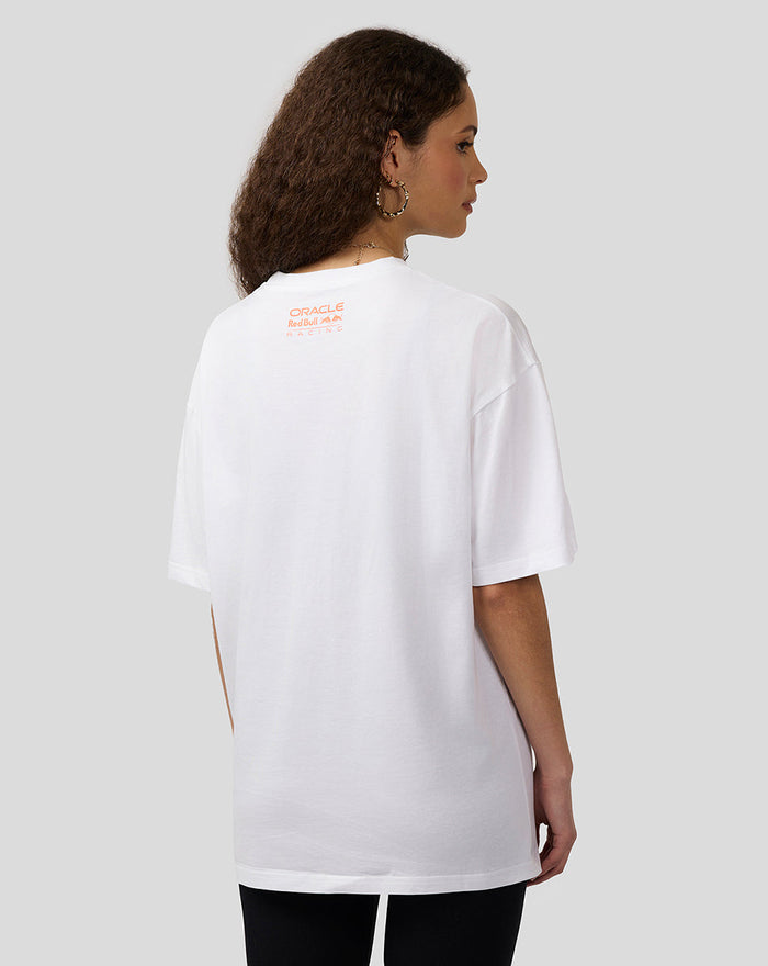 Back view of a white oversized T shirt with an orange Oracle Red Bull Racing logo on the upper back.