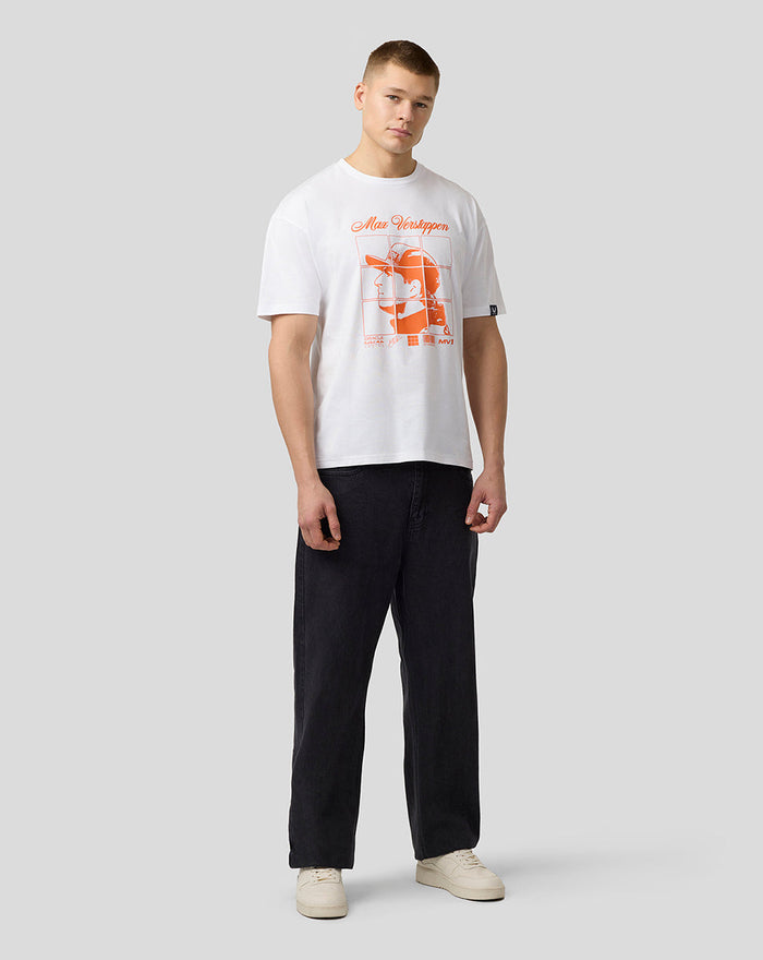 Woman wearing white oversized Max Verstappen puzzle T shirt with orange front graphic