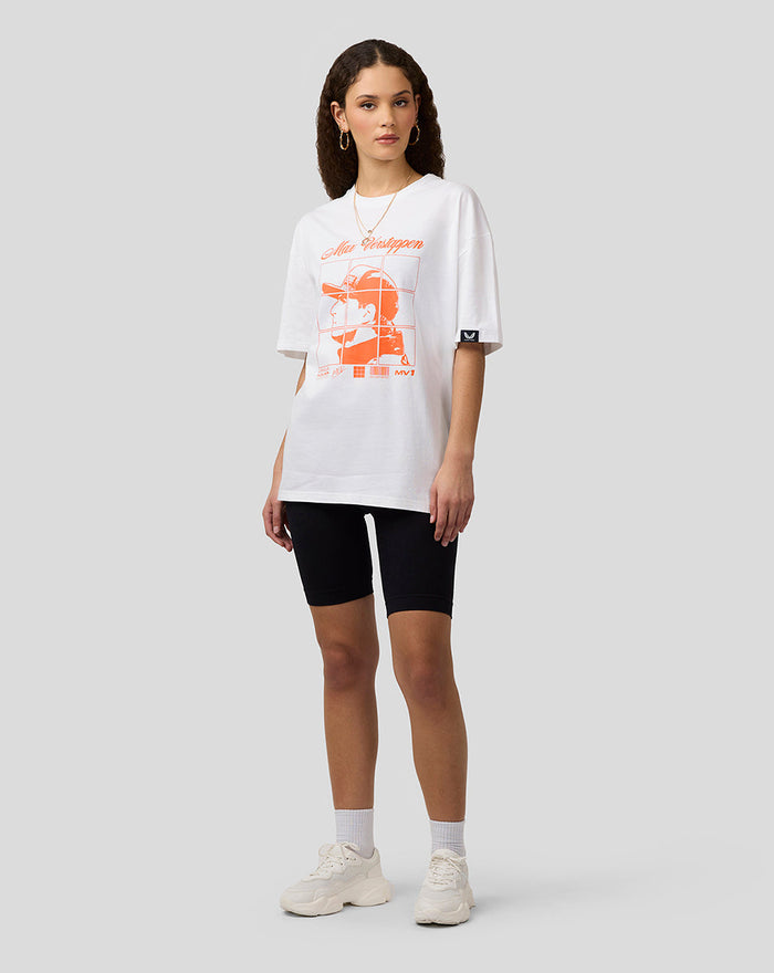 Female model wearing white oversized Max Verstappen puzzle T shirt with orange front graphic