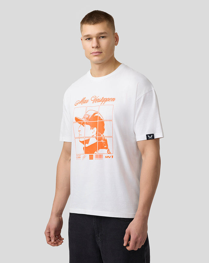 Man wearing a white oversized Max Verstappen puzzle T shirt with an orange front graphic