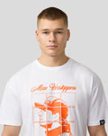 Male model wearing white oversized Max Verstappen puzzle T shirt with orange front graphic