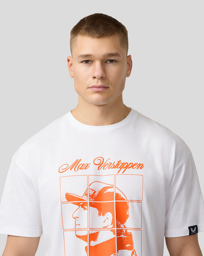 Male model wearing white oversized Max Verstappen puzzle T shirt with orange front graphic