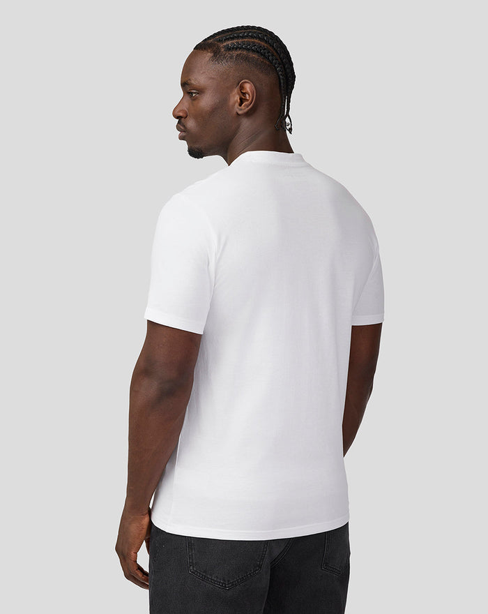 Back view of a male model in a white Oracle Red Bull Racing T-shirt showing the plain back and short sleeves.