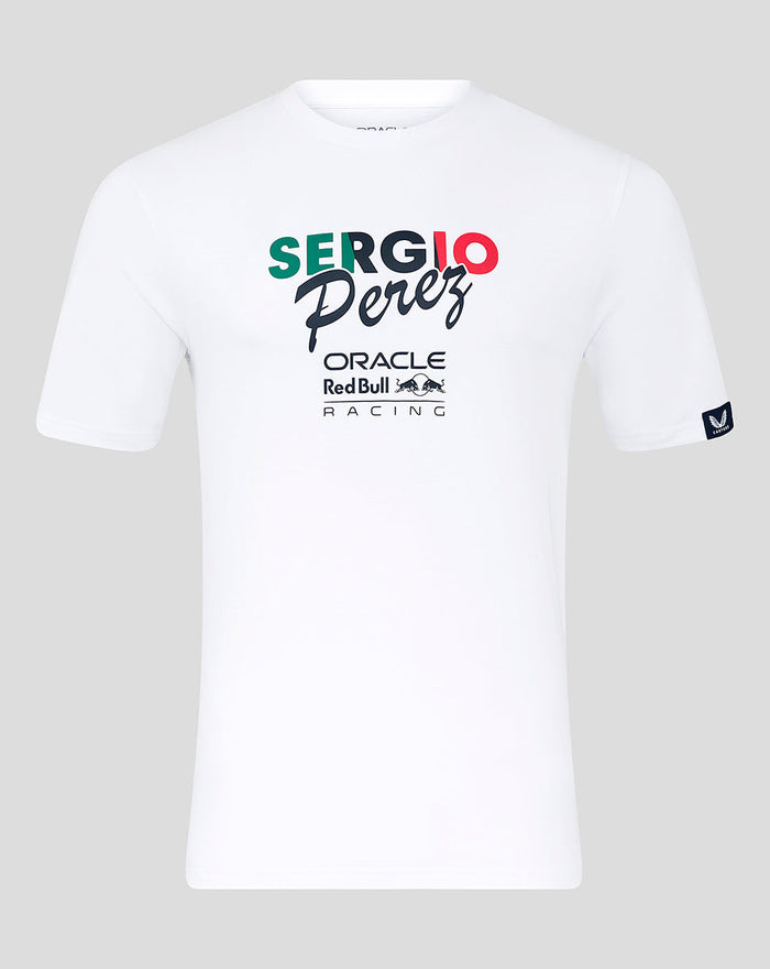 White Sergio Perez flag T-shirt with colorful front graphic and Oracle Red Bull Racing branding