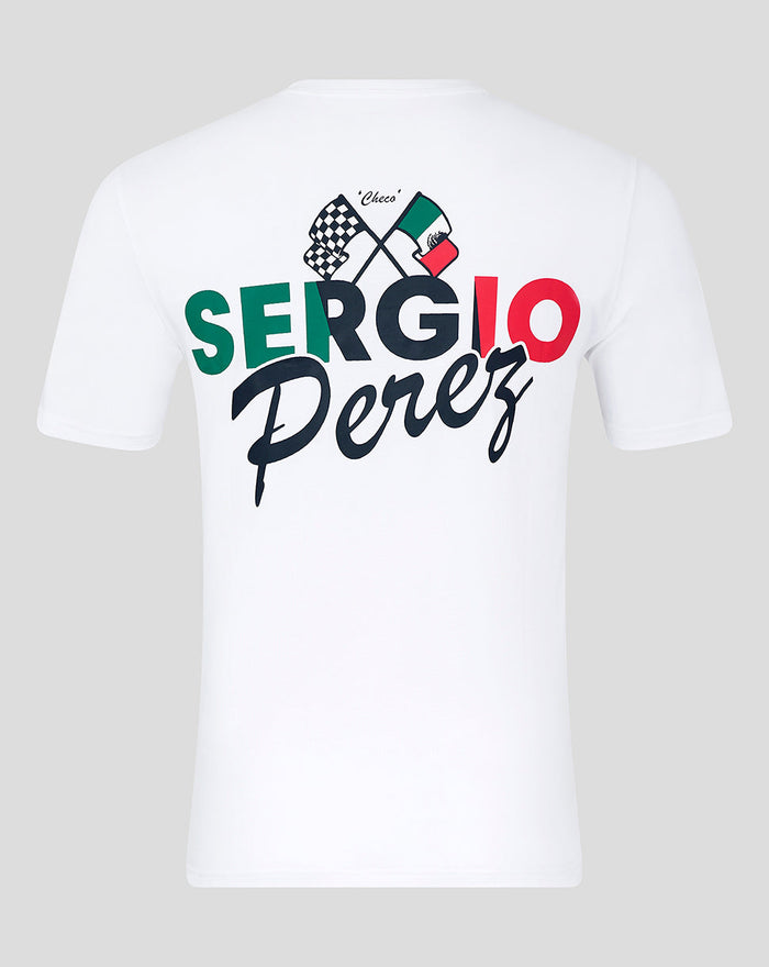 Brilliant white unisex T shirt from Oracle Red Bull Racing with bold back graphic featuring Sergio Perez name and flag inspired artwork