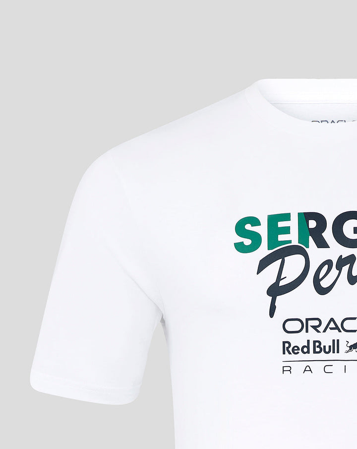 White T shirt front view highlighting Sergio Perez flag graphic and Oracle Red Bull Racing branding