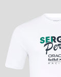 White T shirt front view highlighting Sergio Perez flag graphic and Oracle Red Bull Racing branding