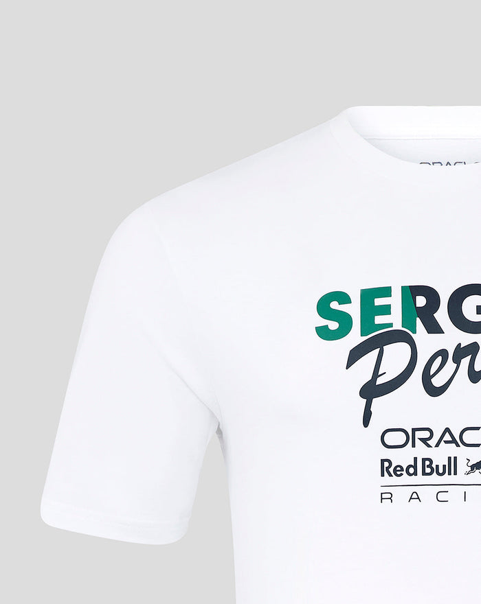 White T shirt front view highlighting Sergio Perez flag graphic and Oracle Red Bull Racing branding