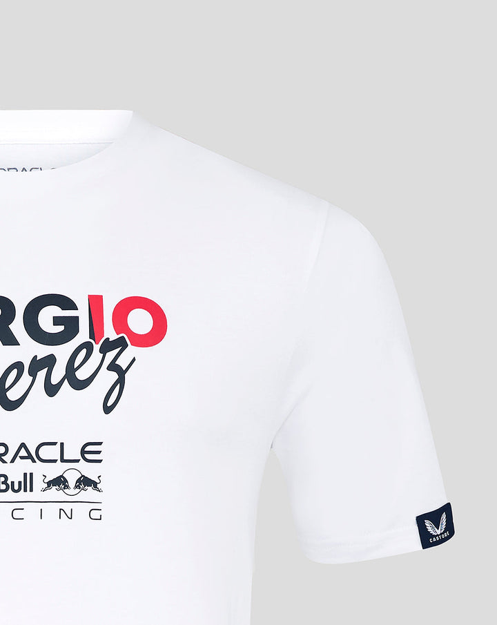 White T shirt front close up with bold Sergio Perez graphic and a Castore sleeve patch visible