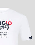 White T shirt front close up with bold Sergio Perez graphic and a Castore sleeve patch visible