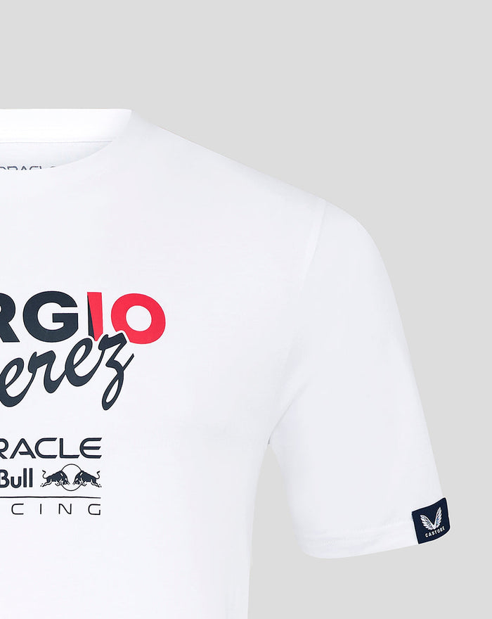 White T shirt front close up with bold Sergio Perez graphic and a Castore sleeve patch visible