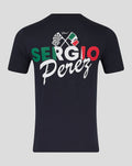 Front view of a navy Unisex Sergio Perez Flag T Shirt with bold Sergio Perez script and Italian flag colors.