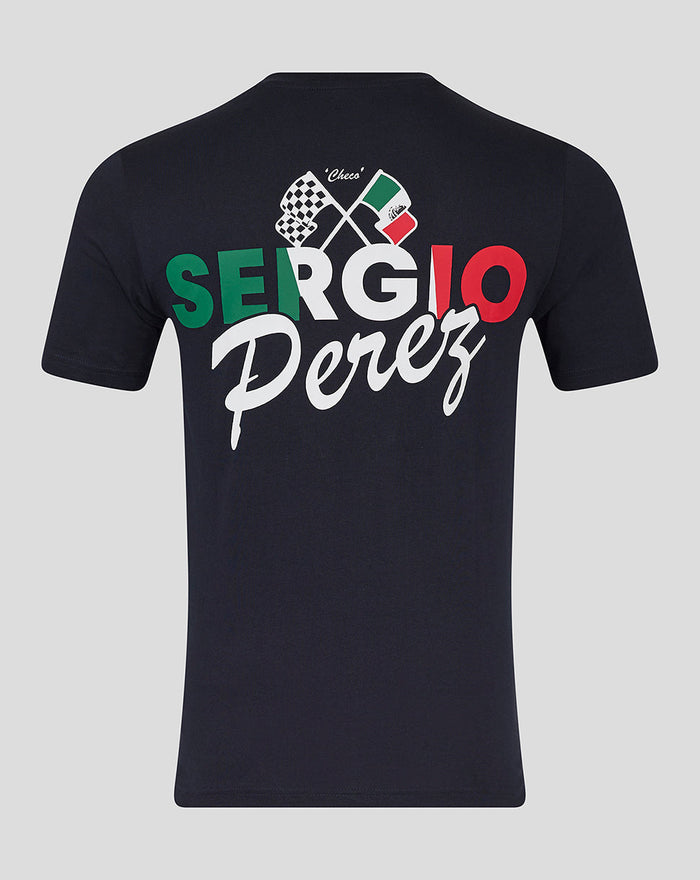 Front view of a navy Unisex Sergio Perez Flag T Shirt with bold Sergio Perez script and Italian flag colors.