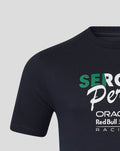 Close up of navy Sergio Perez flag T-shirt showing bold chest graphics and logos