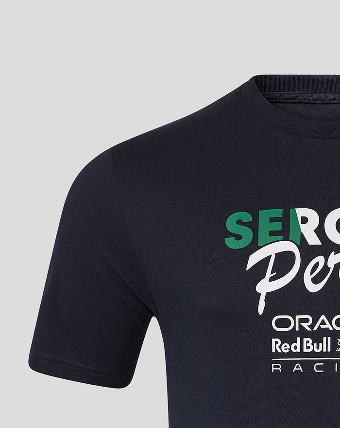 Close up of navy Sergio Perez flag T-shirt showing bold chest graphics and logos