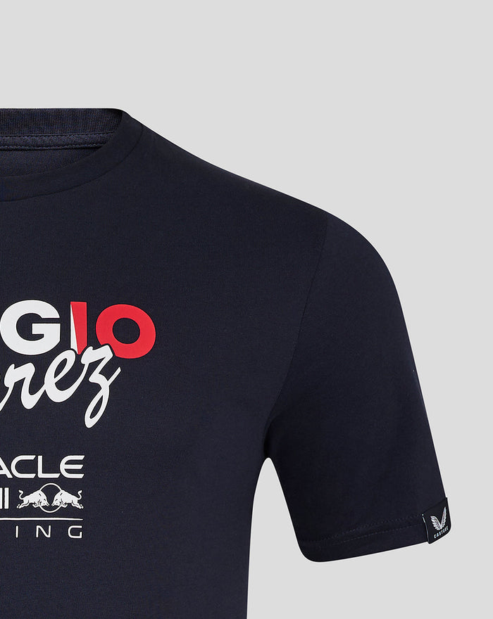 Navy night sky unisex Oracle Red Bull Racing Sergio Perez flag T-shirt front view with bold graphics and sponsor logos