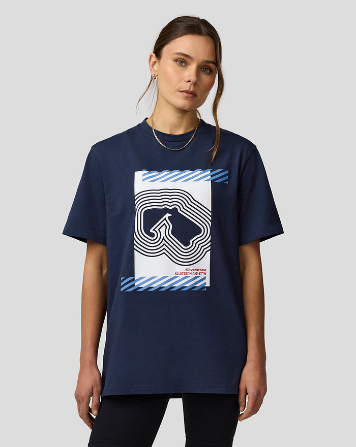 Female model wearing Navy Silverstone Core Track Graphic T-Shirt with large front print