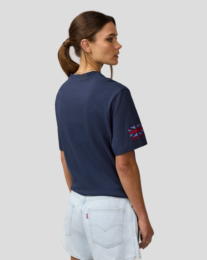 Profile of a woman wearing a navy Silvertone Core T Shirt with Union Jack patch on the sleeve