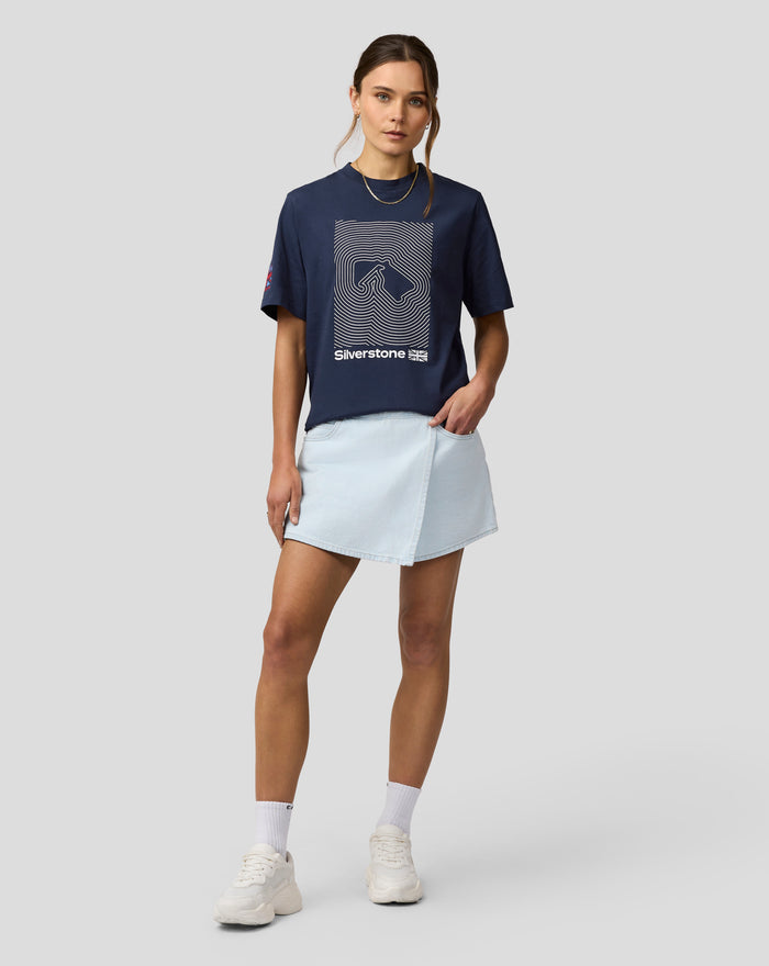 Model wearing navy Silverstone Core T Shirt with a bold white graphic on the front and logo.