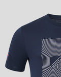 Front close up of navy Silvertone Core T Shirt displaying a white curved line graphic on the chest
