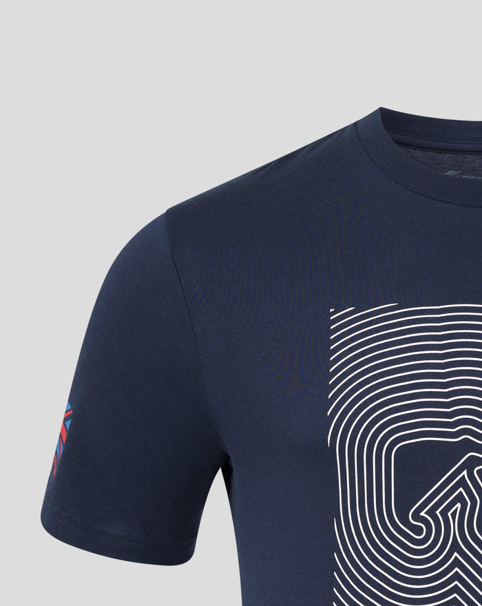 Front close up of navy Silvertone Core T Shirt displaying a white curved line graphic on the chest