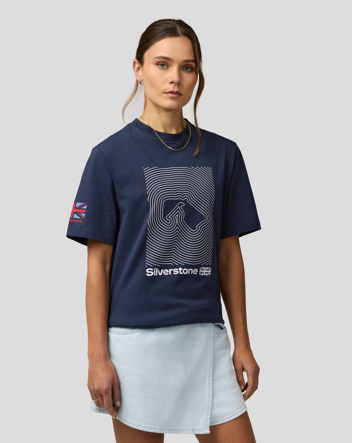 Navy Silvertone Core T-Shirt with white geometric graphic and Silverstone branding.