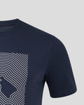 Close up of navy Silvertone Unisex Core T Shirt with a white curved line graphic on the chest