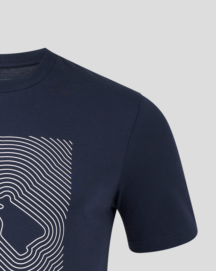 Close up of navy Silvertone Unisex Core T Shirt with a white curved line graphic on the chest