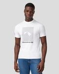 Male model in white Silverstone Core T Shirt with abstract line art graphic and logo on the chest