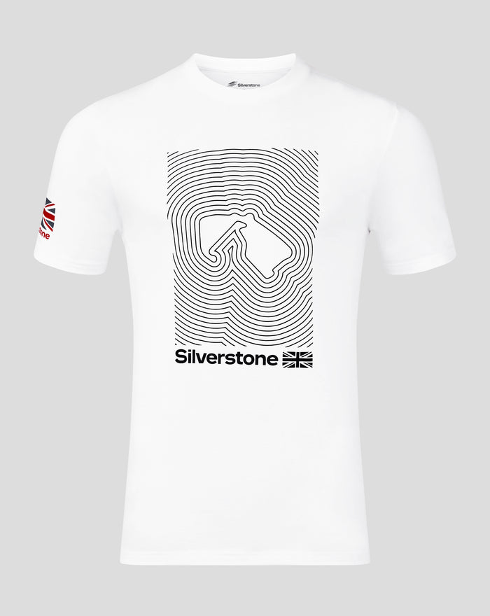 Front view of white Silverstone Core T-Shirt with a large black abstract contour graphic