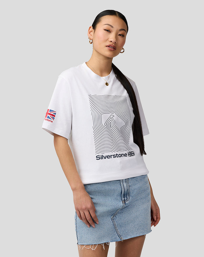 Female model in white Silverstone Core T shirt with a geometric line graphic and the Silverstone logo on the chest