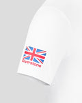 White Silverstone Core T shirt with a Union Jack graphic on the front against a gray background