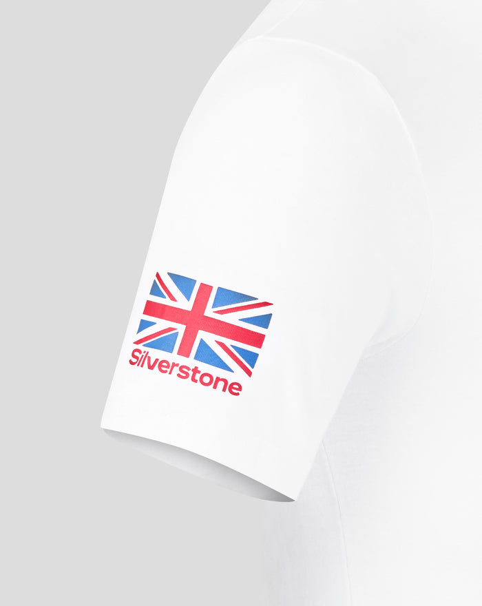 White Silverstone Core T shirt with a Union Jack graphic on the front against a gray background