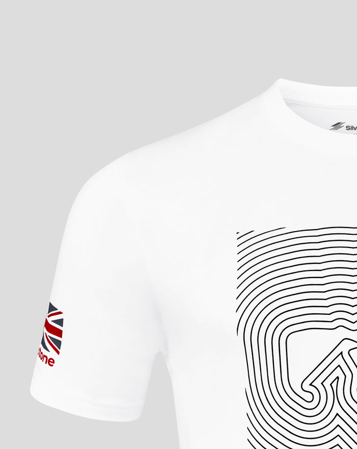 Close up of white Silverstone Core T Shirt neckline and shoulder, showing clean seam and soft fabric